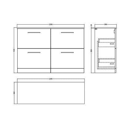 Nuie Arno 1200mm Floor Standing 4-drawer Vanity & Worktop Contemporary Bleached Oak MFC Textured Woodgrain 818x1205x390mm - JJ Building Materials