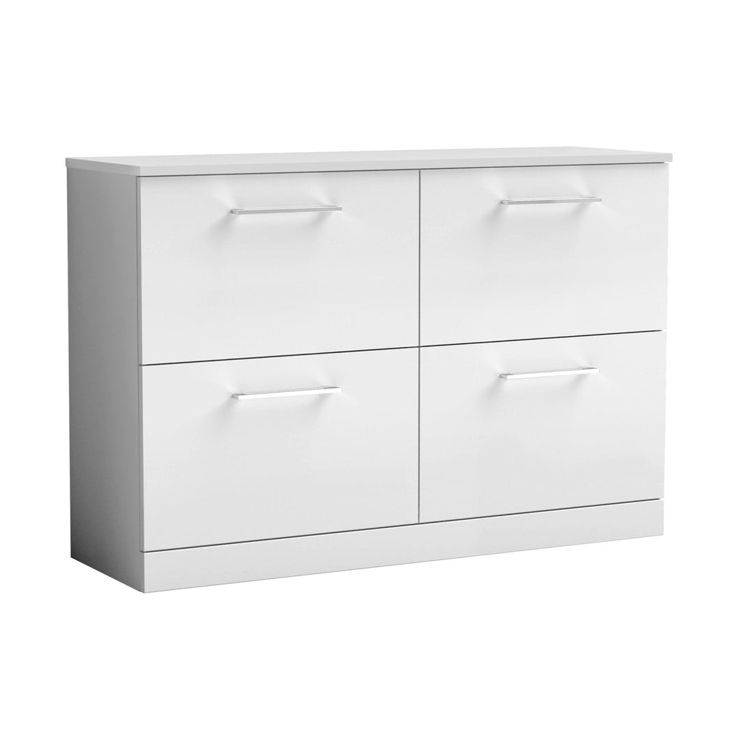 Nuie Arno 1200mm Floor Standing 4 Drawer Vanity & Worktop Contemporary Gloss White MFC Painted Gloss 818x1205x390mm - JJ Building Materials