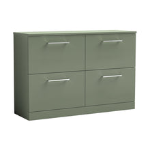 Nuie Arno 1200mm Floor Standing 4 Drawer Vanity & Worktop Contemporary Satin Green MFC Painted Matt 818x1205x390mm - JJ Building Materials