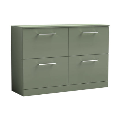 Nuie Arno 1200mm Floor Standing 4 Drawer Vanity & Worktop Contemporary Satin Green MFC Painted Matt 818x1205x390mm - JJ Building Materials