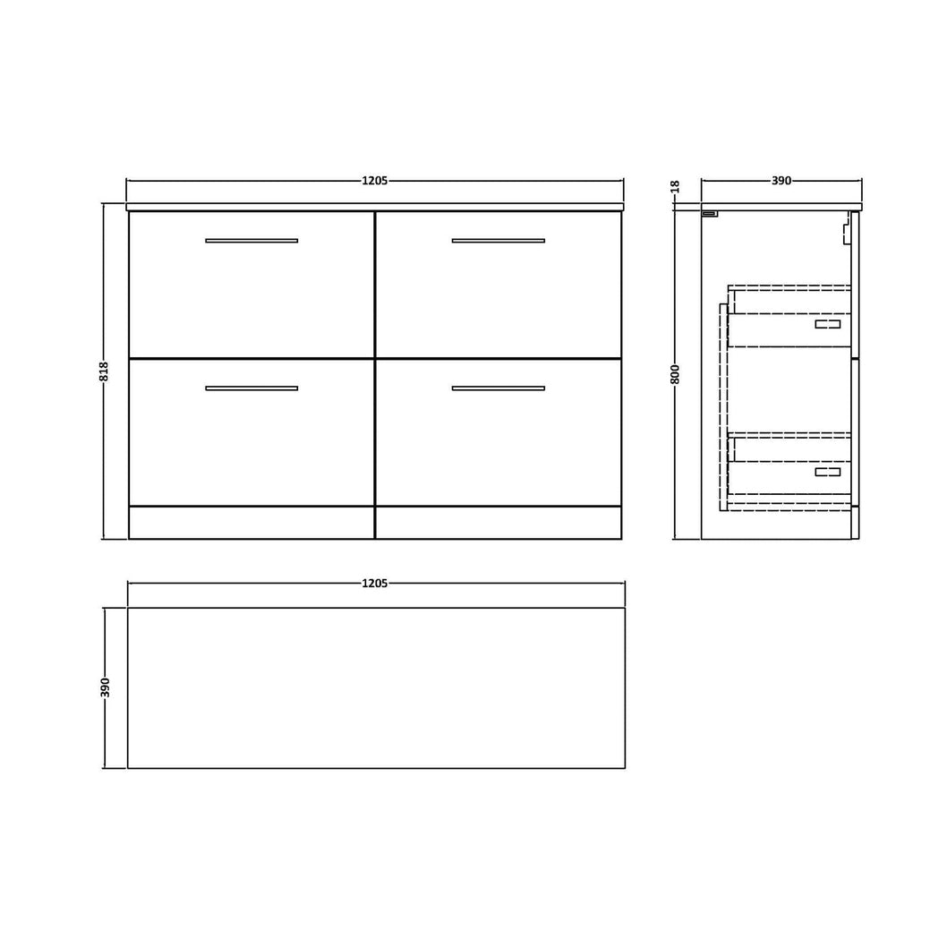 Nuie Arno 1200mm Floor Standing 4 Drawer Vanity & Worktop Contemporary Satin Green MFC Painted Matt 818x1205x390mm - JJ Building Materials