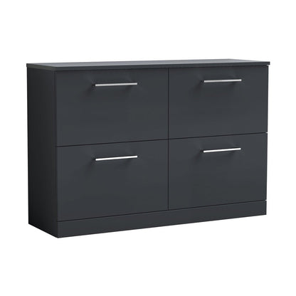 Nuie Arno 1200mm Floor Standing 4 Drawer Vanity & Worktop Contemporary Soft Black MFC Painted Matt 818x1205x390mm - JJ Building Materials