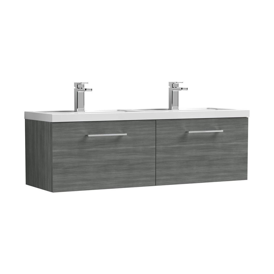 Nuie Arno 1200mm Wall Hung 2 Drawer Vanity & Double Basin Contemporary Anthracite Woodgrain MFC Textured Woodgrain 377x1205x383mm - JJ Building Materials