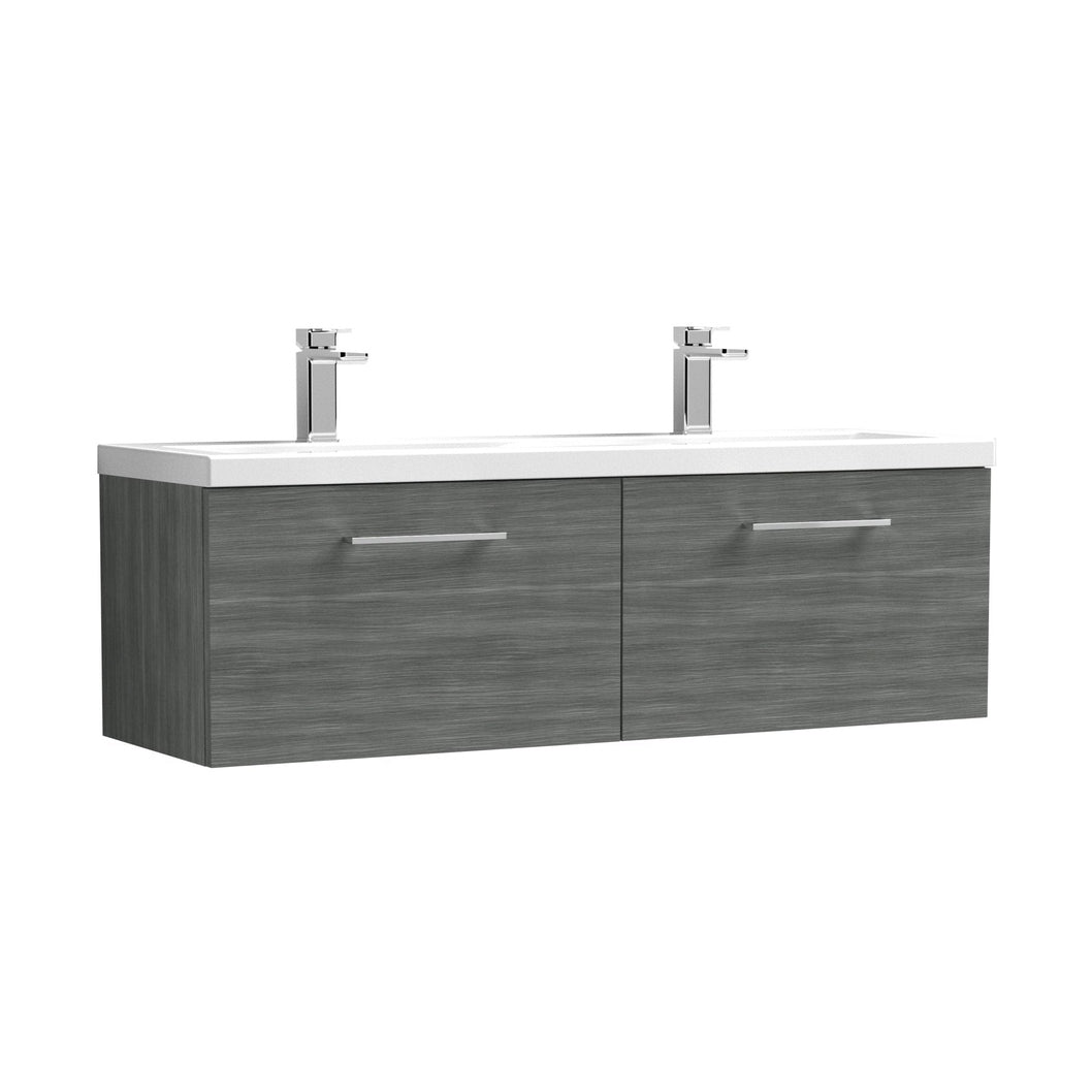 Nuie Arno 1200mm Wall Hung 2 Drawer Vanity & Double Basin Contemporary Anthracite Woodgrain MFC Textured Woodgrain 399x1205x383mm - JJ Building Materials