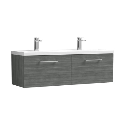 Nuie Arno 1200mm Wall Hung 2 Drawer Vanity & Double Basin Contemporary Anthracite Woodgrain MFC Textured Woodgrain 399x1205x383mm - JJ Building Materials