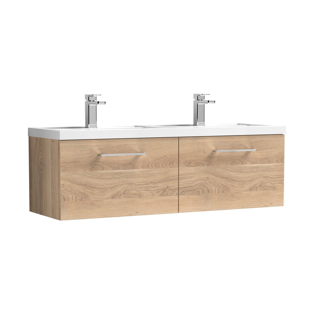 Nuie Arno 1200mm Wall Hung 2-drawer Vanity & Double Basin Contemporary Bleached Oak MFC Textured Woodgrain 399x1205x383mm - JJ Building Materials