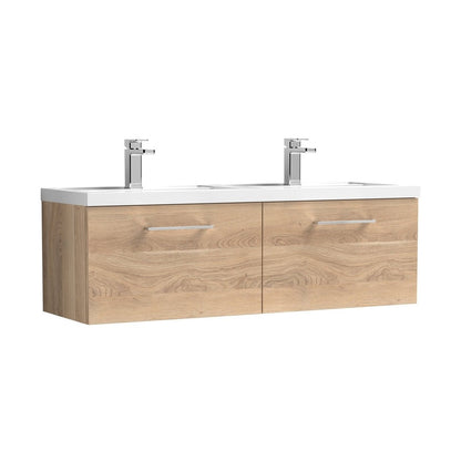 Nuie Arno 1200mm Wall Hung 2-drawer Vanity & Double Basin Contemporary Bleached Oak MFC Textured Woodgrain 399x1205x383mm - JJ Building Materials