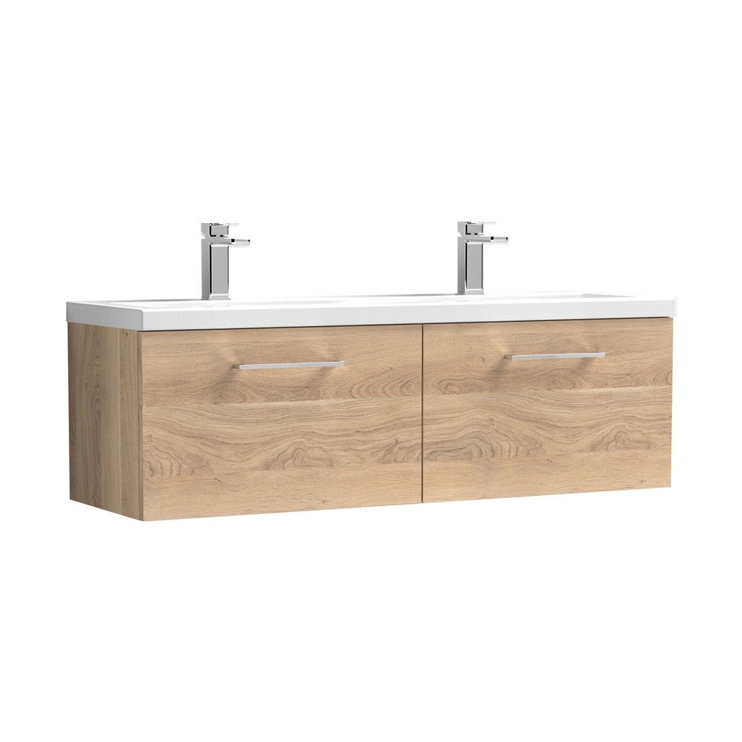 Nuie Arno 1200mm Wall Hung 2-drawer Vanity & Double Basin Contemporary Bleached Oak MFC Textured Woodgrain 430x1205x383mm - JJ Building Materials