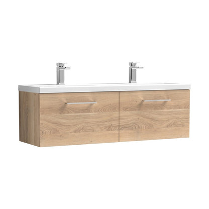 Nuie Arno 1200mm Wall Hung 2-drawer Vanity & Double Basin Contemporary Bleached Oak MFC Textured Woodgrain 430x1205x383mm - JJ Building Materials