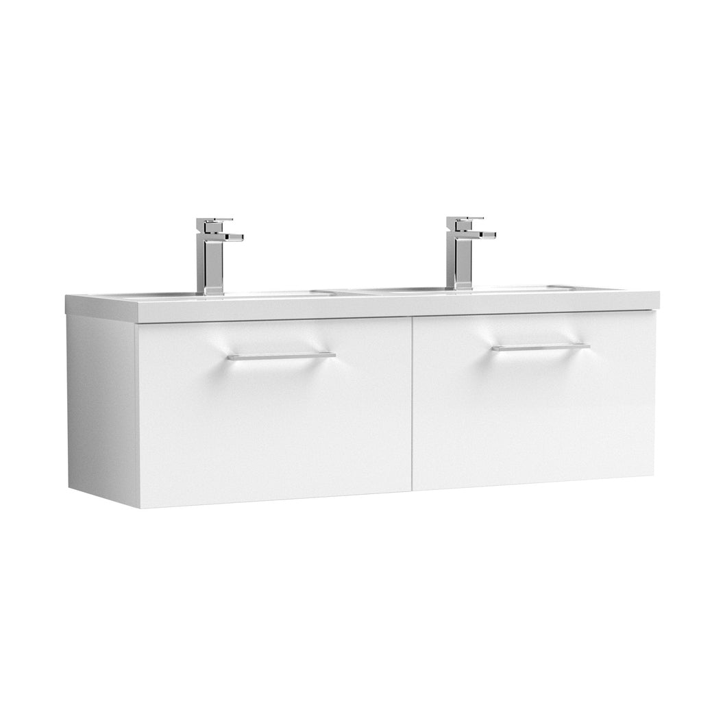 Nuie Arno 1200mm Wall Hung 2 Drawer Vanity & Double Basin Contemporary Gloss White MFC Painted Gloss 377x1205x383mm - JJ Building Materials