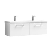 Nuie Arno 1200mm Wall Hung 2 Drawer Vanity & Double Basin Contemporary Gloss White MFC Painted Gloss 399x1205x383mm - JJ Building Materials