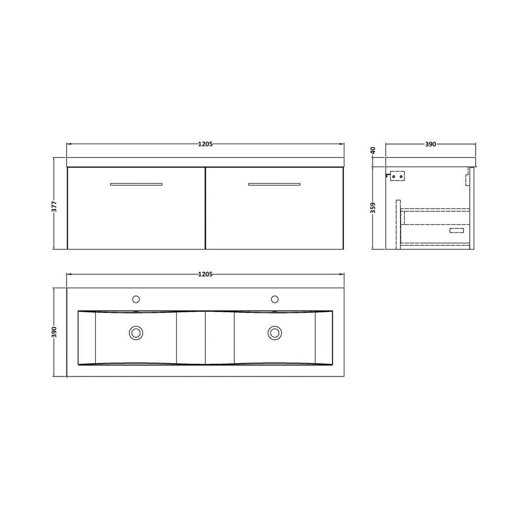 Nuie Arno 1200mm Wall Hung 2-drawer Vanity & Double Basin Contemporary Midnight Blue MFC Painted Matt 430x1205x383mm - JJ Building Materials
