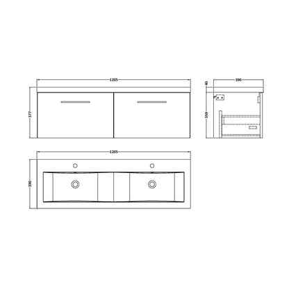 Nuie Arno 1200mm Wall Hung 2-drawer Vanity & Double Basin Contemporary Midnight Blue MFC Painted Matt 430x1205x383mm - JJ Building Materials