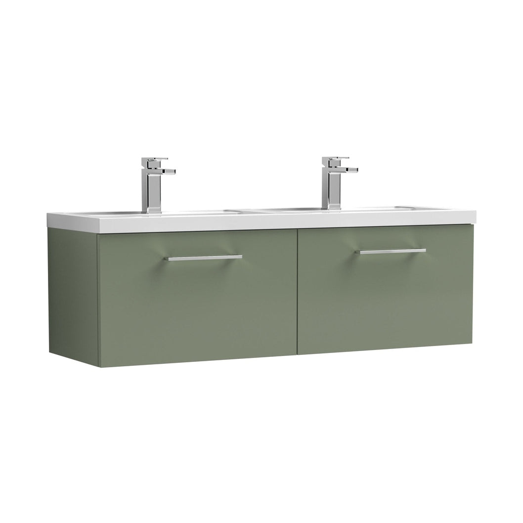 Nuie Arno 1200mm Wall Hung 2 Drawer Vanity & Double Basin Contemporary Satin Green MFC Painted Matt 377x1205x383mm - JJ Building Materials