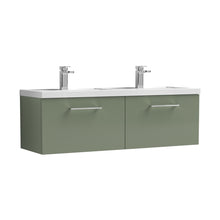 Nuie Arno 1200mm Wall Hung 2 Drawer Vanity & Double Basin Contemporary Satin Green MFC Painted Matt 377x1205x383mm - JJ Building Materials