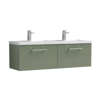 Nuie Arno 1200mm Wall Hung 2 Drawer Vanity & Double Basin Contemporary Satin Green MFC Painted Matt 377x1205x383mm - JJ Building Materials