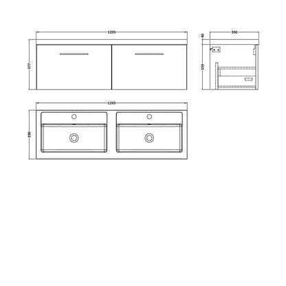 Nuie Arno 1200mm Wall Hung 2 Drawer Vanity & Double Basin Contemporary Satin Green MFC Painted Matt 377x1205x383mm - JJ Building Materials