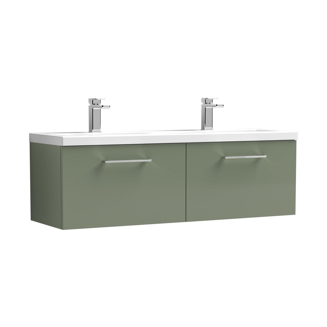 Nuie Arno 1200mm Wall Hung 2 Drawer Vanity & Double Basin Contemporary Satin Green MFC Painted Matt 399x1205x383mm - JJ Building Materials
