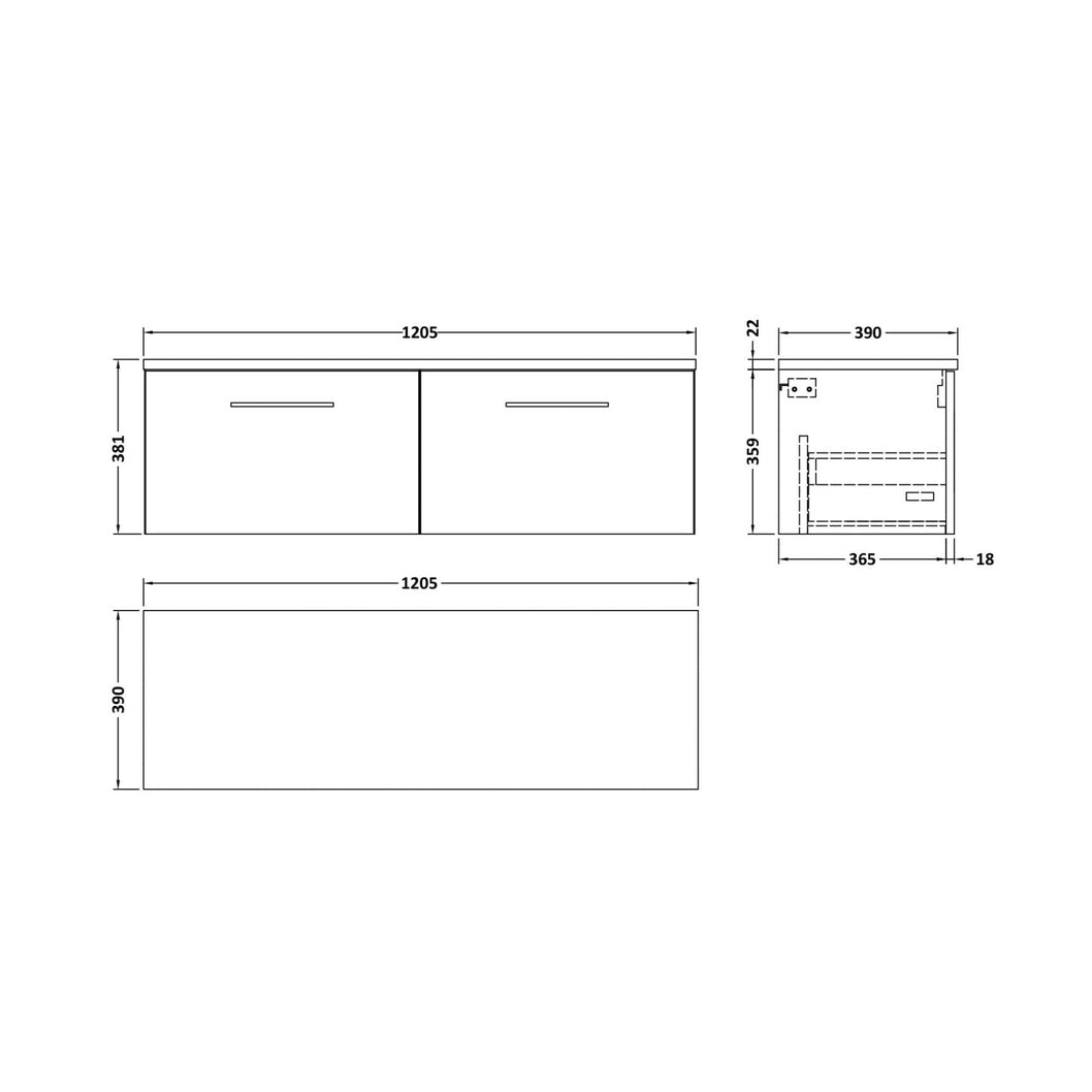 Nuie Arno 1200mm Wall Hung 2-drawer Vanity & Laminate Worktop Contemporary Charcoal Black MFC Textured Woodgrain 381x1205x390mm - ARN622LBG2 - JJ Building Materials
