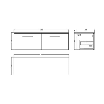 Nuie Arno 1200mm Wall Hung 2 Drawer Vanity & Worktop Contemporary Anthracite Woodgrain MFC Textured Woodgrain 377x1205x390mm - JJ Building Materials