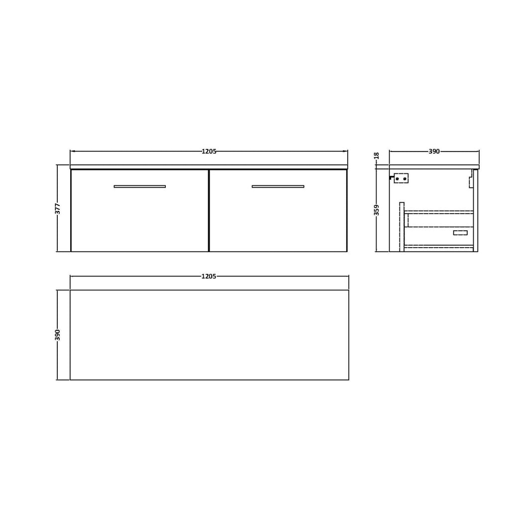 Nuie Arno 1200mm Wall Hung 2 Drawer Vanity & Worktop Contemporary Satin Green MFC Painted Matt 377x1205x390mm - JJ Building Materials