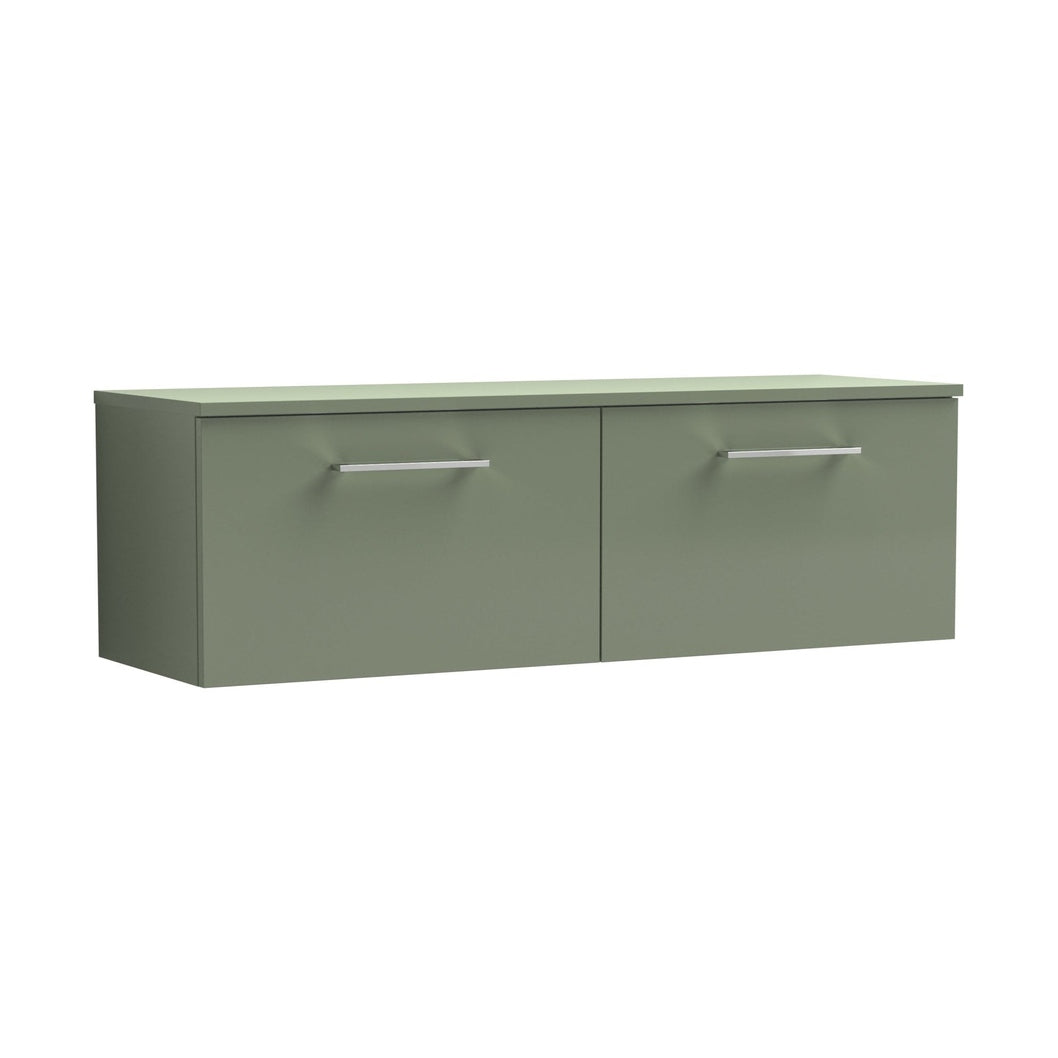 Nuie Arno 1200mm Wall Hung 2 Drawer Vanity & Worktop Contemporary Satin Green MFC Painted Matt 377x1205x390mm - JJ Building Materials