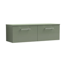 Nuie Arno 1200mm Wall Hung 2 Drawer Vanity & Worktop Contemporary Satin Green MFC Painted Matt 377x1205x390mm - JJ Building Materials
