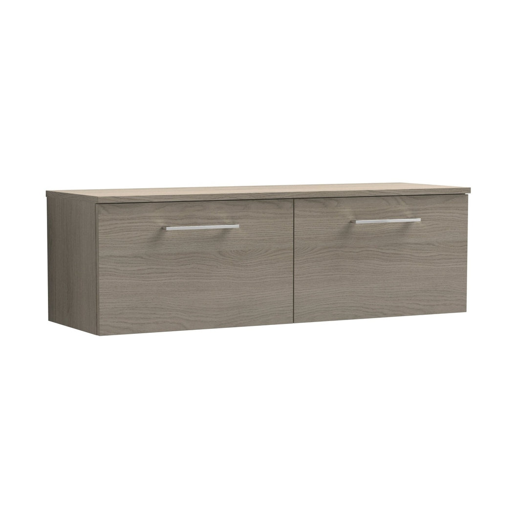 Nuie Arno 1200mm Wall Hung 2 Drawer Vanity & Worktop Contemporary Solace Oak MFC Textured Woodgrain 377x1205x390mm - JJ Building Materials