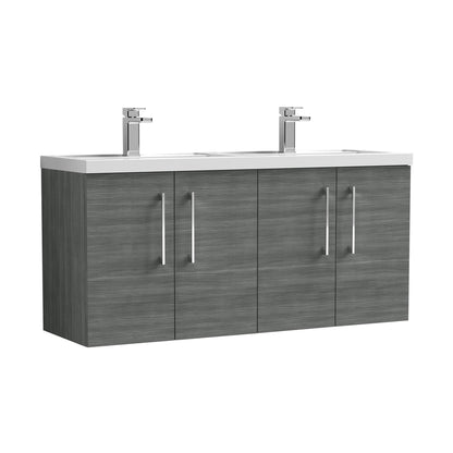 Nuie Arno 1200mm Wall Hung 4 Door Vanity & Double Basin Contemporary Anthracite Woodgrain MFC Textured Woodgrain 561x1205x383mm - JJ Building Materials