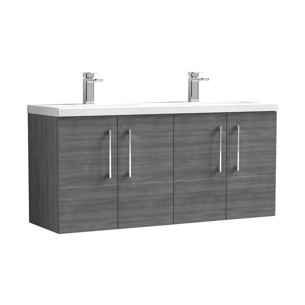 Nuie Arno 1200mm Wall Hung 4 Door Vanity & Double Basin Contemporary Anthracite Woodgrain MFC Textured Woodgrain 580x1205x383mm - JJ Building Materials