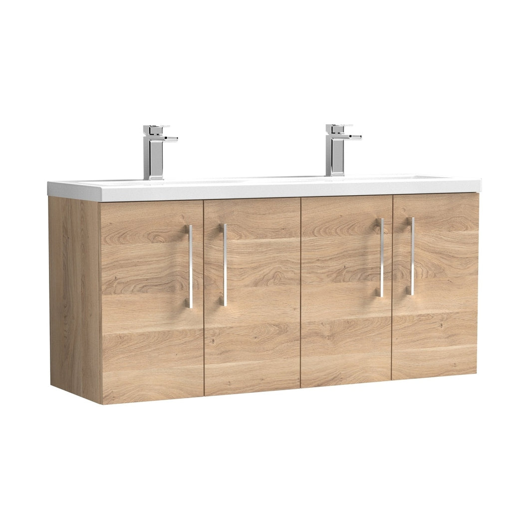 Nuie Arno 1200mm Wall Hung 4-door Vanity & Double Basin Contemporary Bleached Oak MFC Textured Woodgrain 580x1205x383mm - ARN3023F - JJ Building Materials