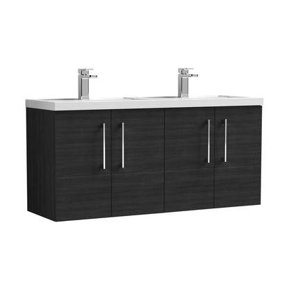 Nuie Arno 1200mm Wall Hung 4 Door Vanity & Double Basin Contemporary Charcoal Black MFC Textured Woodgrain 580x1205x383mm - JJ Building Materials