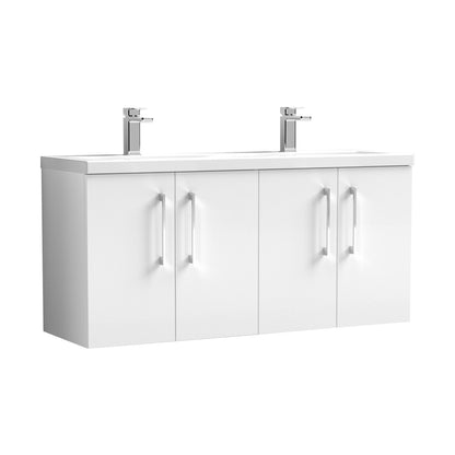 Nuie Arno 1200mm Wall Hung 4 Door Vanity & Double Basin Contemporary Gloss White MFC Painted Gloss 579x1205x383mm - JJ Building Materials