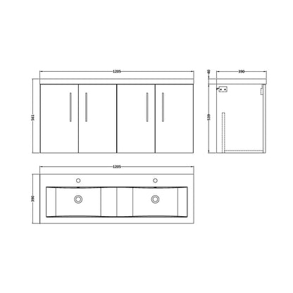 Nuie Arno 1200mm Wall Hung 4 Door Vanity & Double Basin Contemporary Gloss White MFC Painted Gloss 579x1205x383mm - JJ Building Materials