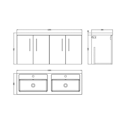 Nuie Arno 1200mm Wall Hung 4-door Vanity & Double Basin Contemporary Midnight Blue MFC Painted Matt 580x1205x383mm - ARN2923C - JJ Building Materials