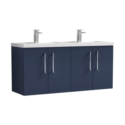 Nuie Arno 1200mm Wall Hung 4-door Vanity & Double Basin Contemporary Midnight Blue MFC Painted Matt 580x1205x383mm - ARN2923C - JJ Building Materials