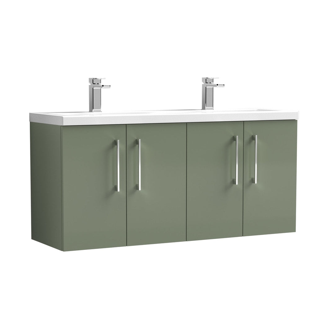 Nuie Arno 1200mm Wall Hung 4 Door Vanity & Double Basin Contemporary Satin Green MFC Painted Matt 580x1205x383mm - JJ Building Materials