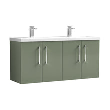 Nuie Arno 1200mm Wall Hung 4 Door Vanity & Double Basin Contemporary Satin Green MFC Painted Matt 580x1205x383mm - JJ Building Materials