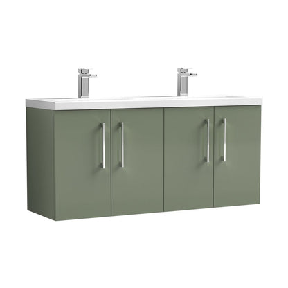 Nuie Arno 1200mm Wall Hung 4 Door Vanity & Double Basin Contemporary Satin Green MFC Painted Matt 580x1205x383mm - JJ Building Materials