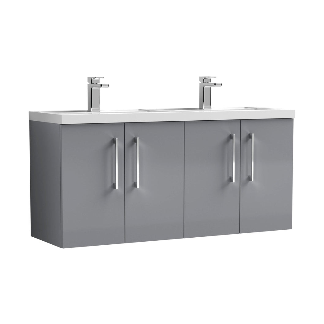 Nuie Arno 1200mm Wall Hung 4 Door Vanity & Double Basin Contemporary Satin Grey MFC Painted Matt 579x1205x383mm - ARN2223C - JJ Building Materials