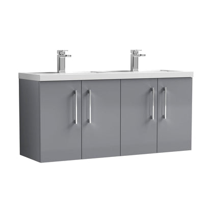 Nuie Arno 1200mm Wall Hung 4 Door Vanity & Double Basin Contemporary Satin Grey MFC Painted Matt 579x1205x383mm - ARN2223C - JJ Building Materials