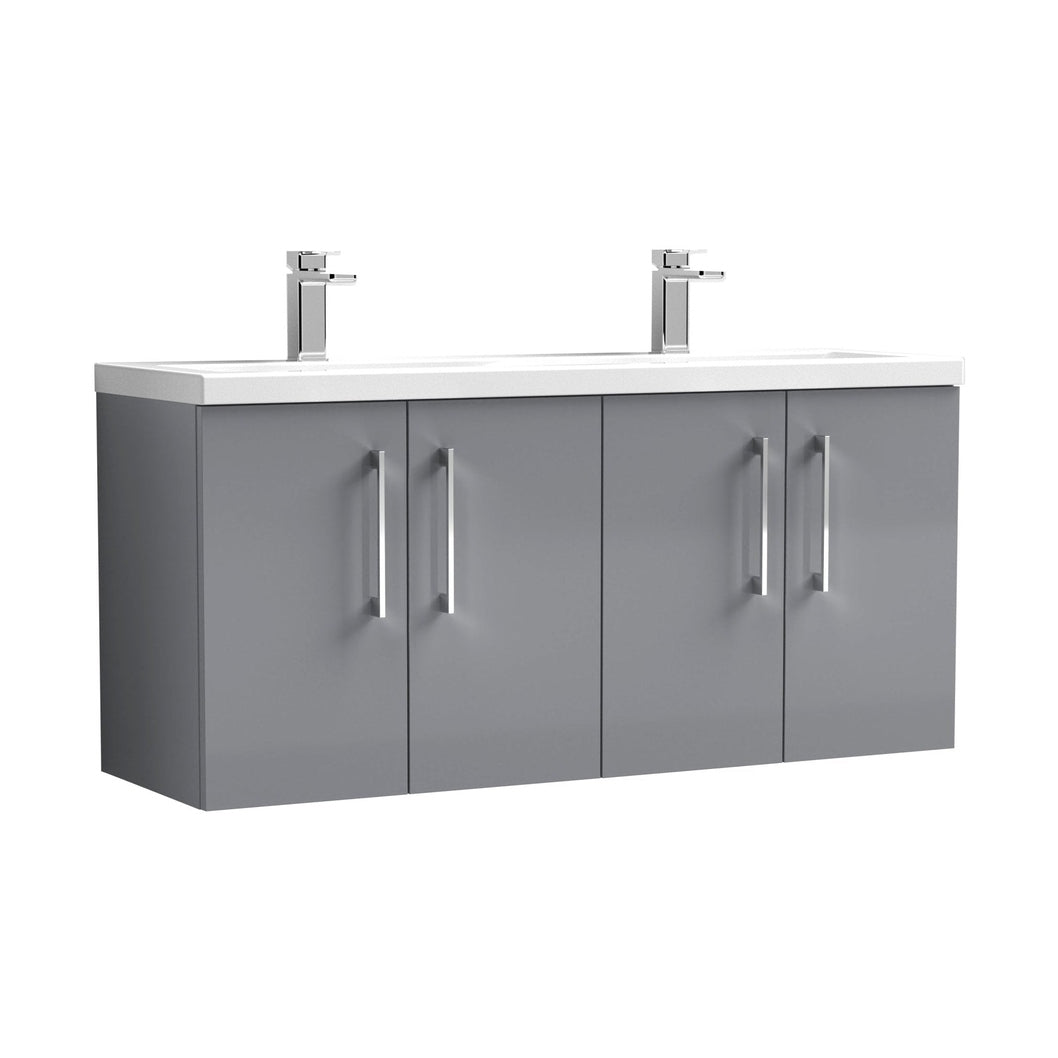 Nuie Arno 1200mm Wall Hung 4 Door Vanity & Double Basin Contemporary Satin Grey MFC Painted Matt 579x1205x383mm - ARN2223F - JJ Building Materials