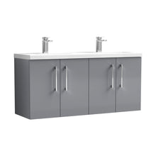 Nuie Arno 1200mm Wall Hung 4 Door Vanity & Double Basin Contemporary Satin Grey MFC Painted Matt 579x1205x383mm - ARN2223F - JJ Building Materials