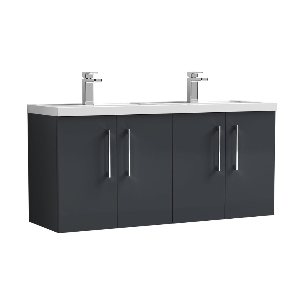 Nuie Arno 1200mm Wall Hung 4 Door Vanity & Double Basin Contemporary Soft Black MFC Painted Matt 579x1205x383mm - ARN1423C - JJ Building Materials