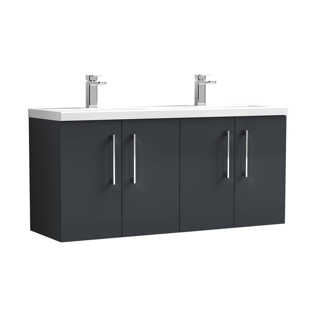 Nuie Arno 1200mm Wall Hung 4 Door Vanity & Double Basin Contemporary Soft Black MFC Painted Matt 579x1205x383mm - ARN1423F - JJ Building Materials