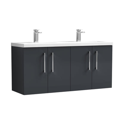 Nuie Arno 1200mm Wall Hung 4 Door Vanity & Double Basin Contemporary Soft Black MFC Painted Matt 579x1205x383mm - ARN1423F - JJ Building Materials