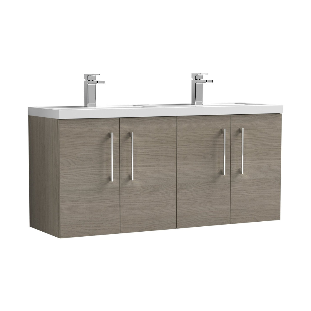 Nuie Arno 1200mm Wall Hung 4 Door Vanity & Double Basin Contemporary Solace Oak MFC Textured Woodgrain 561x1205x383mm - JJ Building Materials