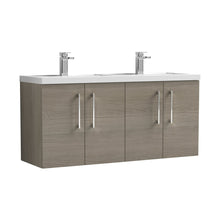 Nuie Arno 1200mm Wall Hung 4 Door Vanity & Double Basin Contemporary Solace Oak MFC Textured Woodgrain 561x1205x383mm - JJ Building Materials