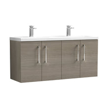 Nuie Arno 1200mm Wall Hung 4 Door Vanity & Double Basin Contemporary Solace Oak MFC Textured Woodgrain 579x1205x383mm - JJ Building Materials