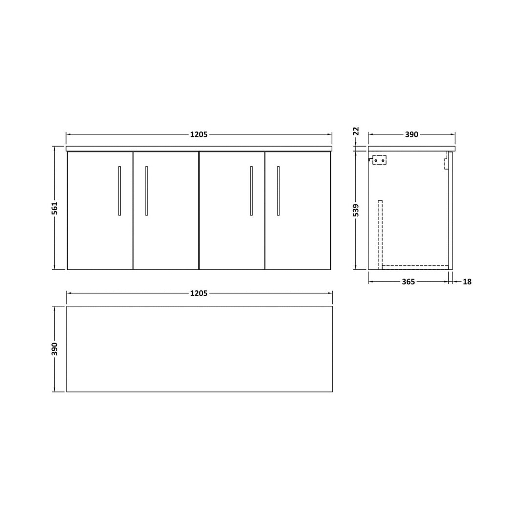 Nuie Arno 1200mm Wall Hung 4-door Vanity & Laminate Worktop Contemporary Anthracite Woodgrain MFC Textured Woodgrain 561x1205x390mm - ARN523LBG2 - JJ Building Materials